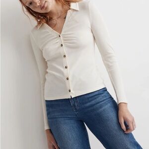 Madewell Women’s Ruched Polo Cardigan Button-Down Top Antique Cream size L